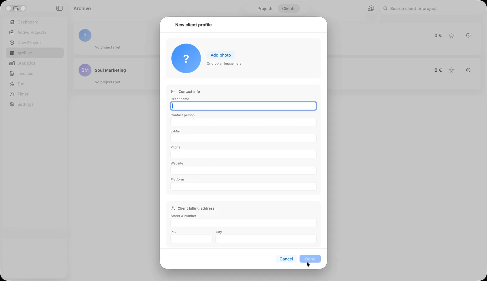 Creating a new client profile with contact info and billing address
