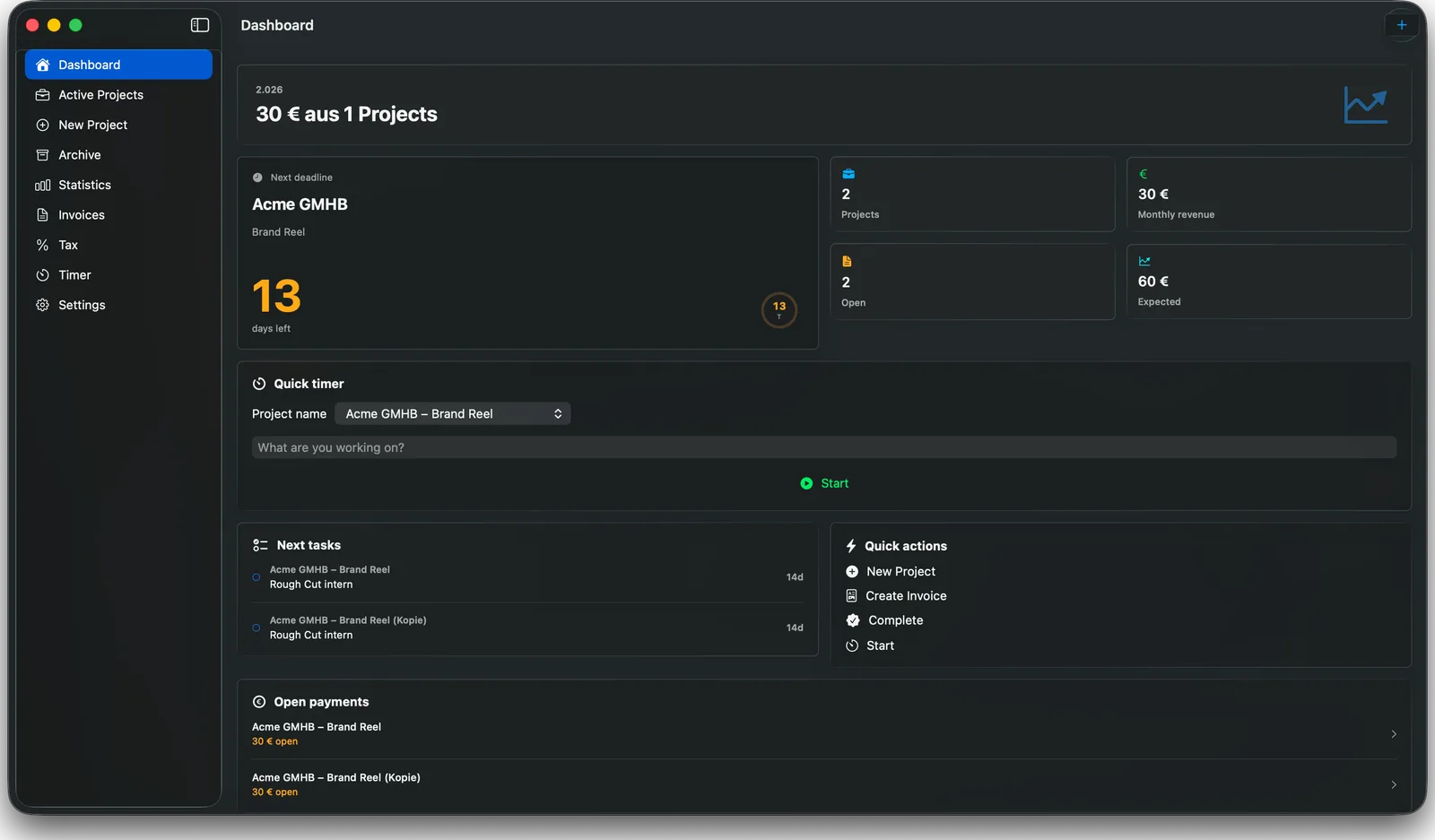Clientbase dashboard in dark mode
