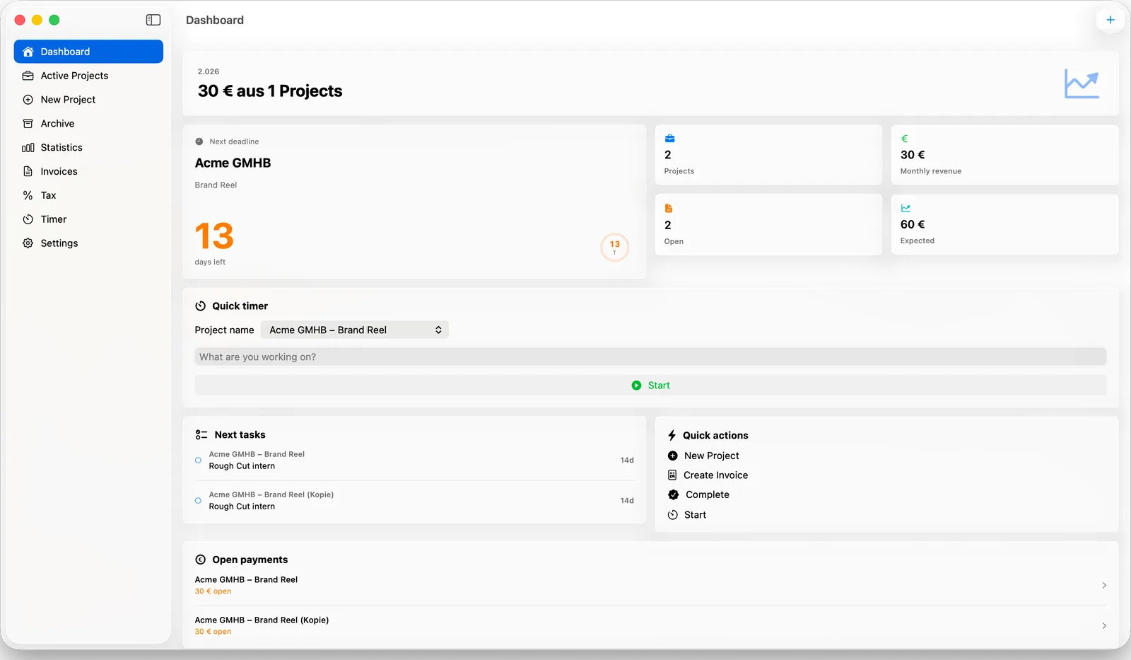 Clientbase dashboard showing active projects, monthly revenue, quick timer and next deadline