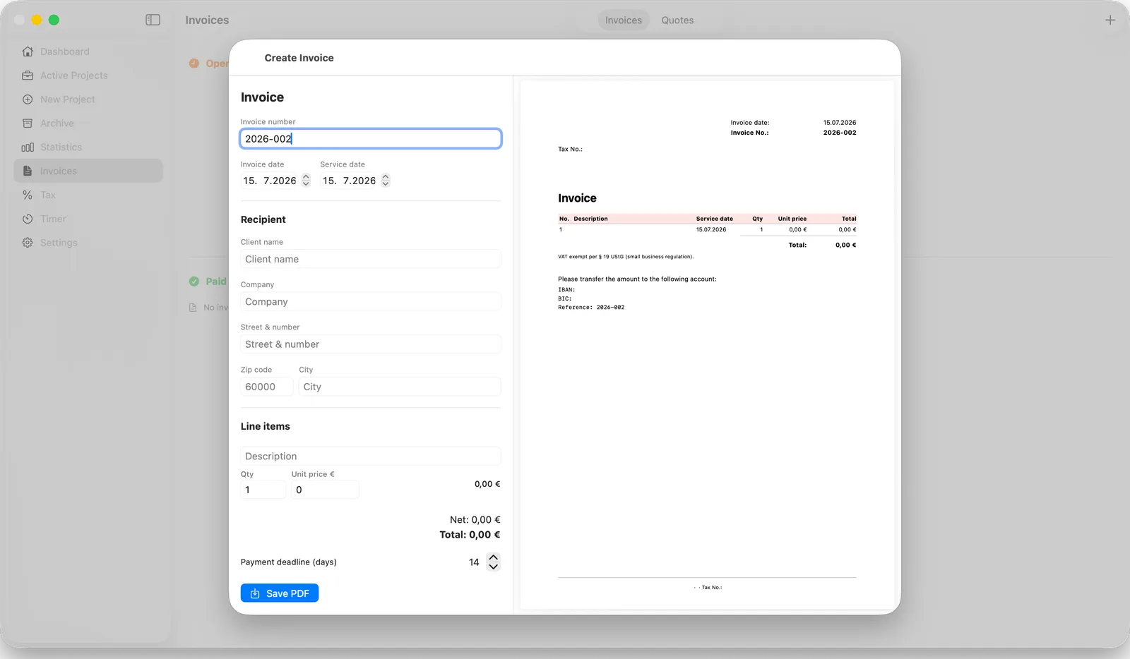 Creating an invoice with a live PDF preview