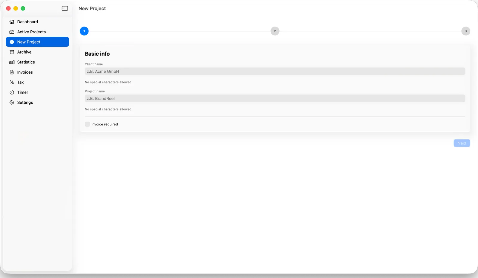 New project step 1: basic info