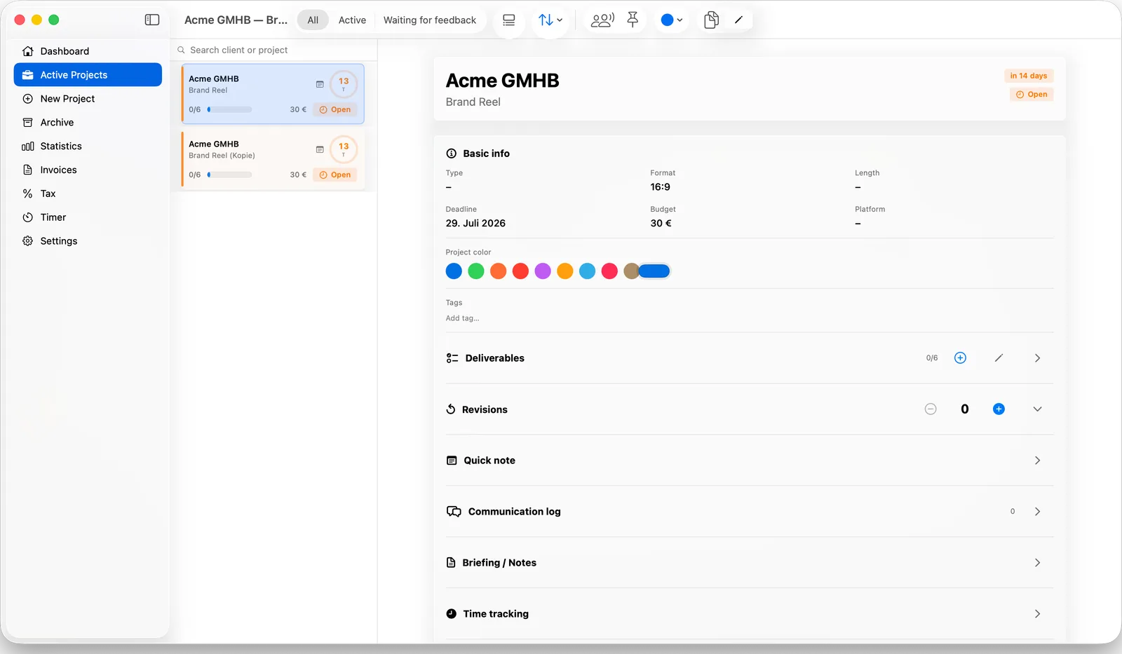 Clientbase project detail view with deliverables checklist