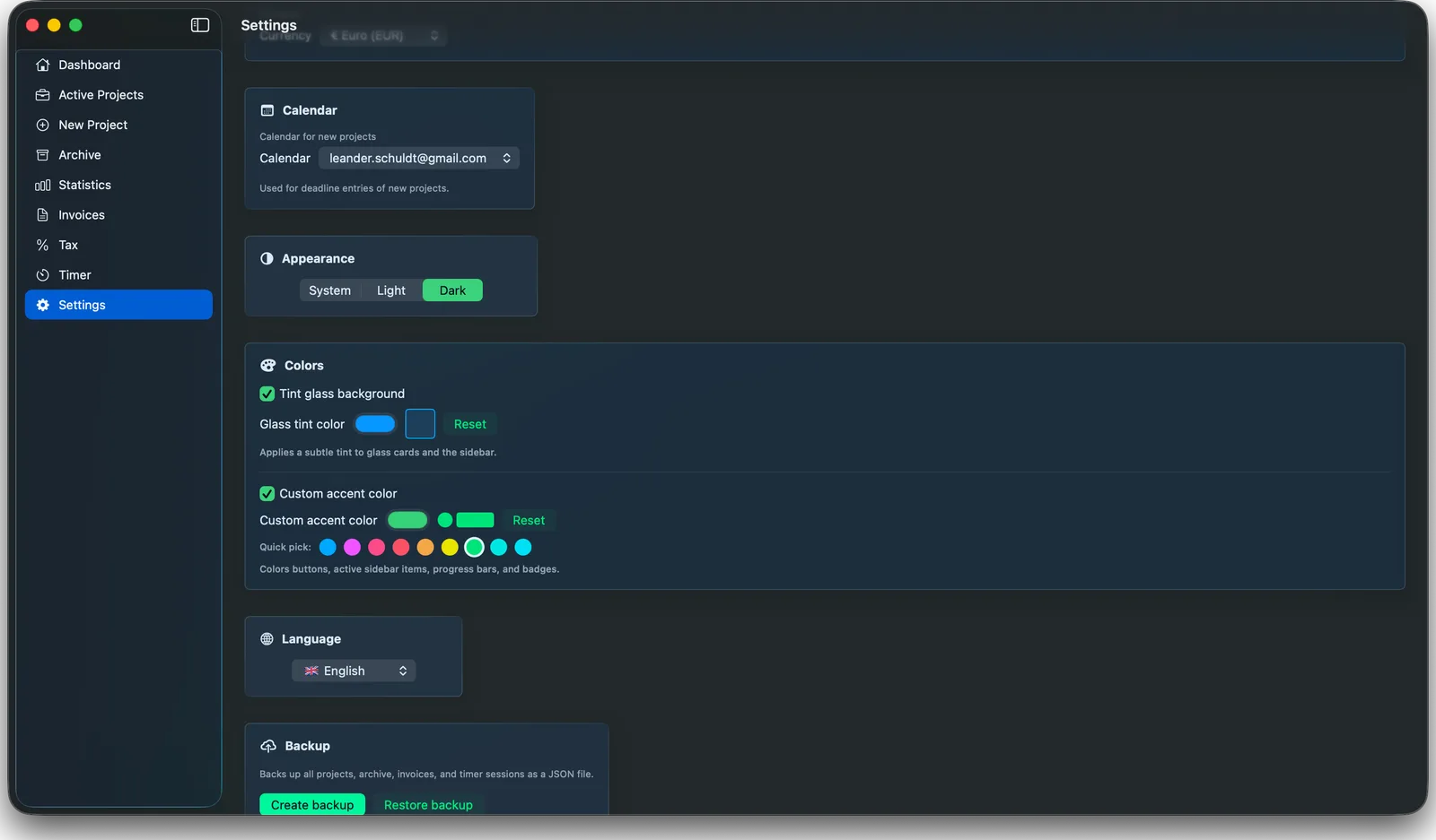 Clientbase settings in dark mode